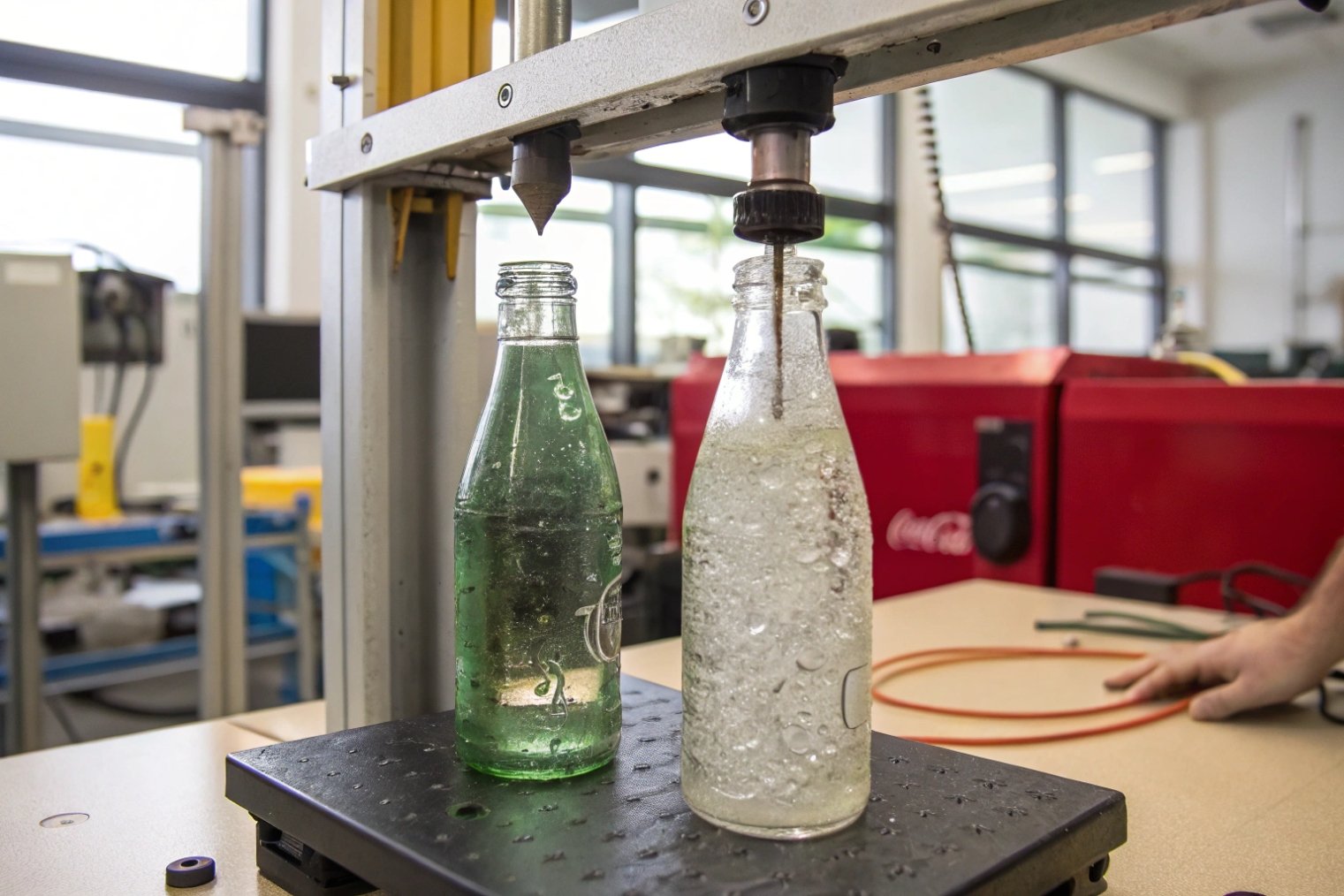 Mechanical impact strength test on green and flint soda glass bottles