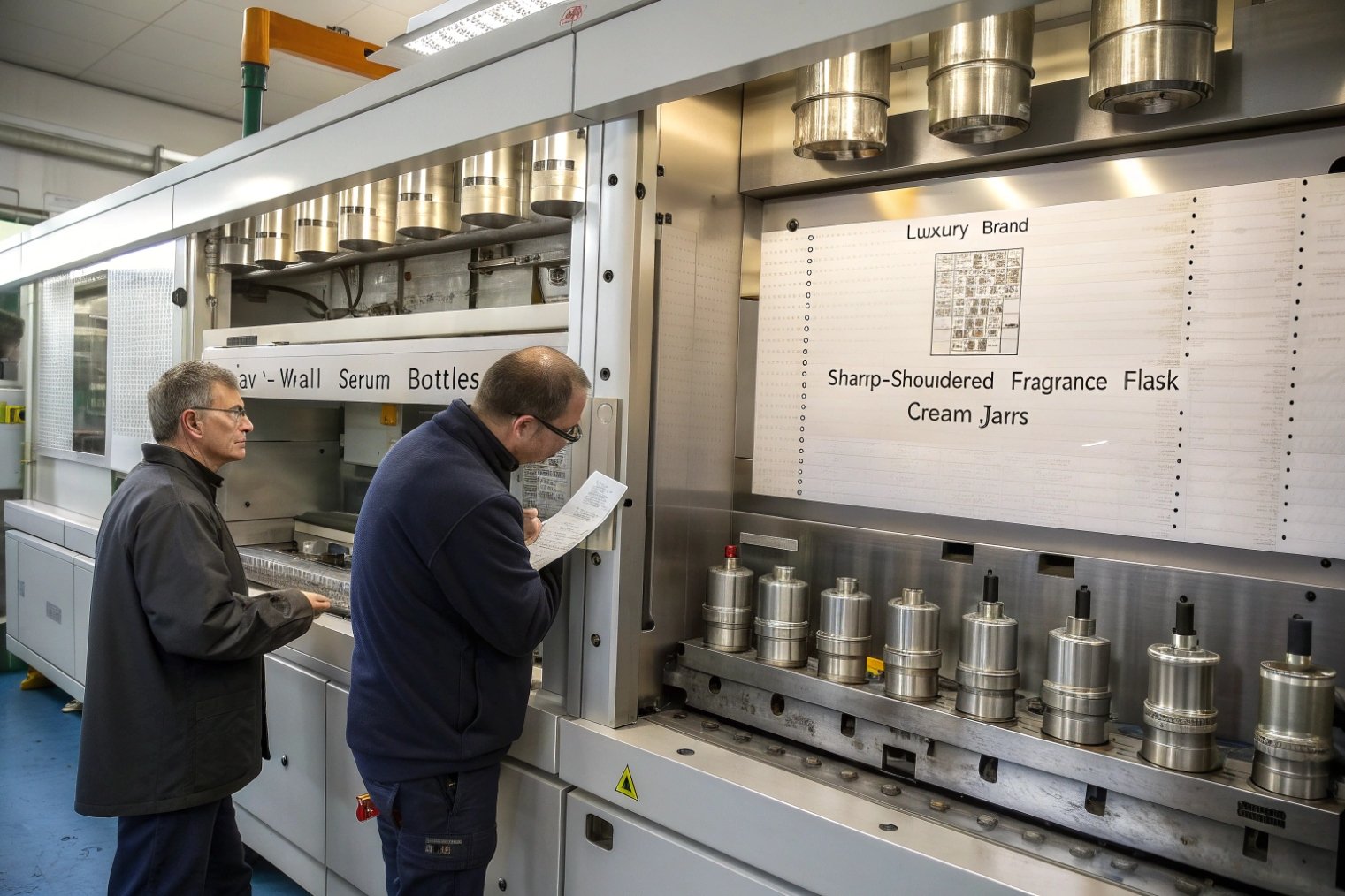 engineers checking molding machine for luxury fragrance bottles and cream jars