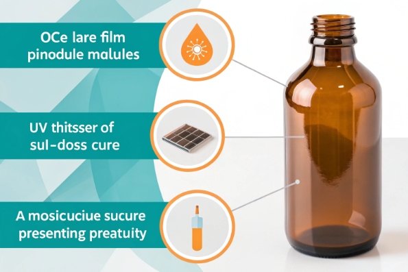 Amber glass pharmaceutical bottle infographic highlighting UV protection and surface coating benefits