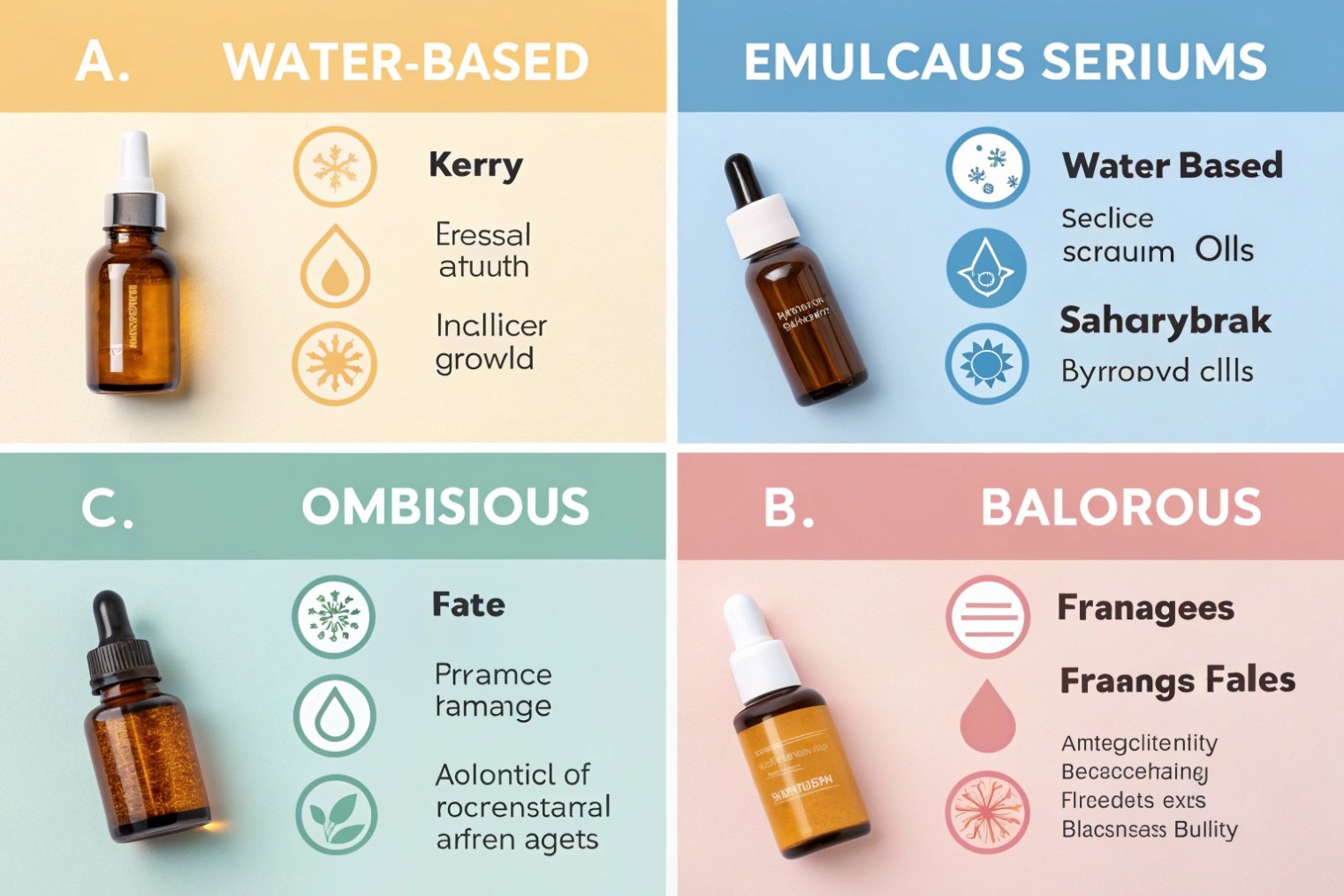 Infographic comparing different skincare serums in amber glass dropper bottles with icons.