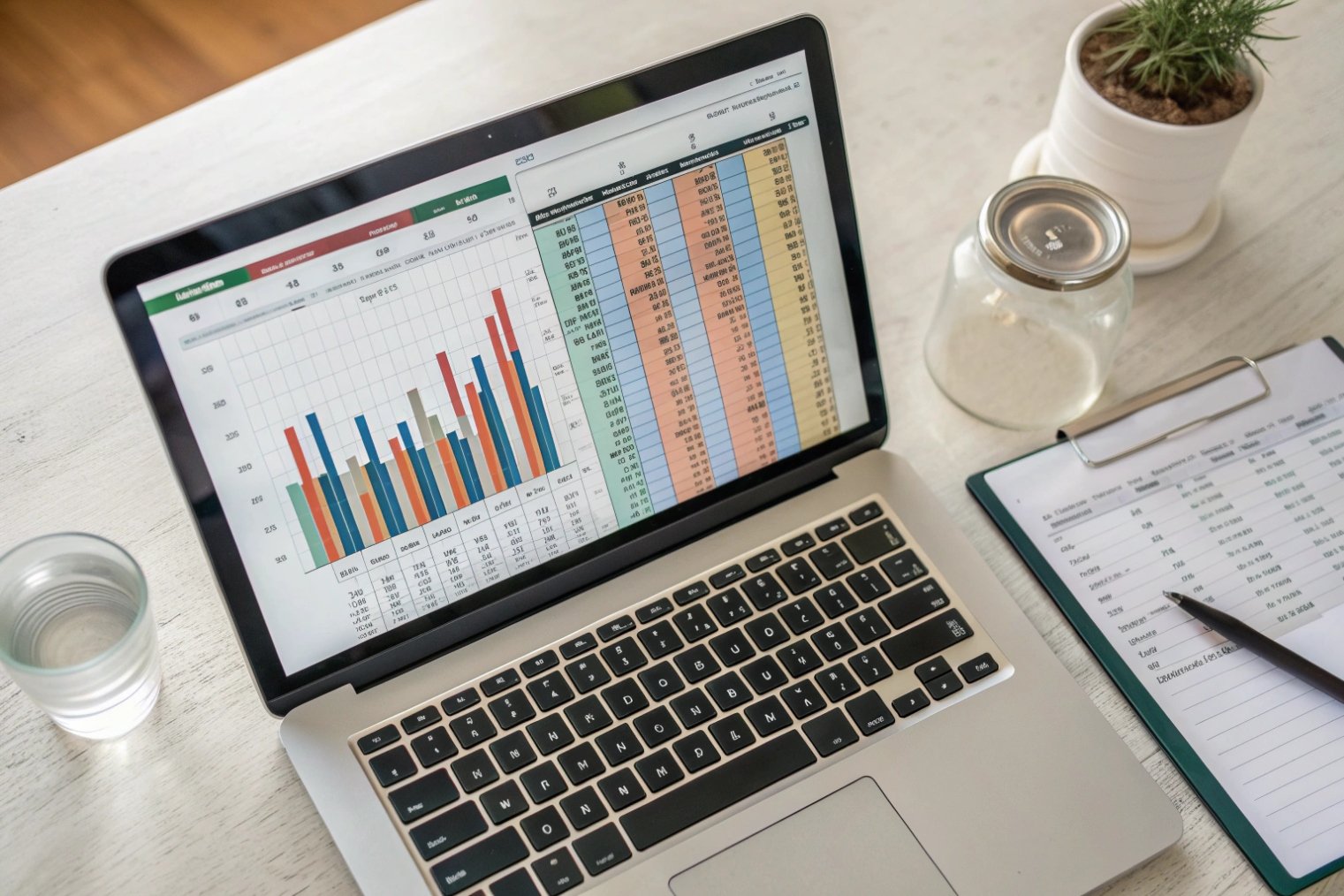 Laptop displaying production KPIs spreadsheets for glass packaging with clipboard and sample jar