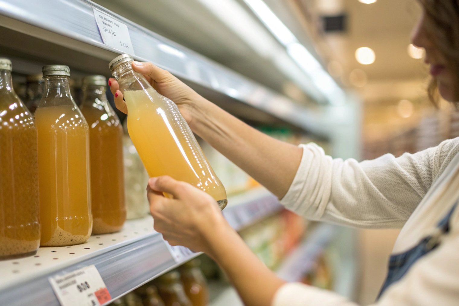 Shopper examining a cloudy juice in a clear glass bottle on a grocery shelf