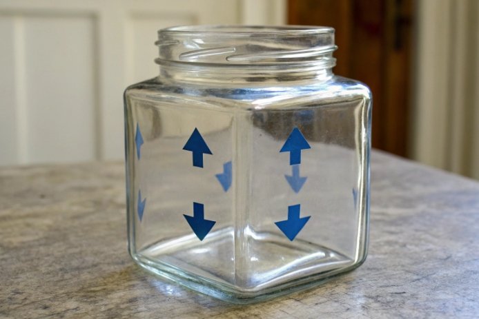 Square glass jar with arrows indicating expansion and stress direction for packaging design