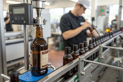 Spirits bottling line with labeled bottle on conveyor at inline inspection station