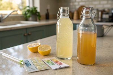 Two glass bottles with beverages beside pH test strips and cut lemons on counter