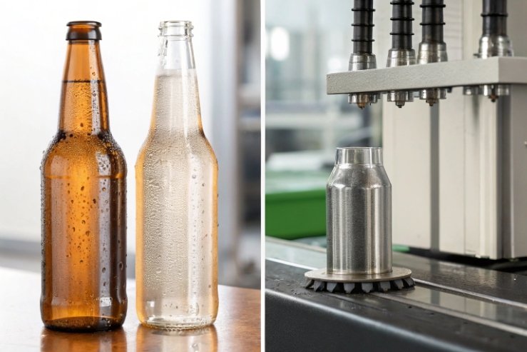 Glass bottles and aluminum can on packaging line for material comparison