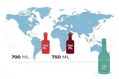 World map comparing 700ml and 750ml spirits bottle standards by region