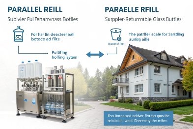 Infographic showing returnable hotel glass bottle refill system with filling machine and building