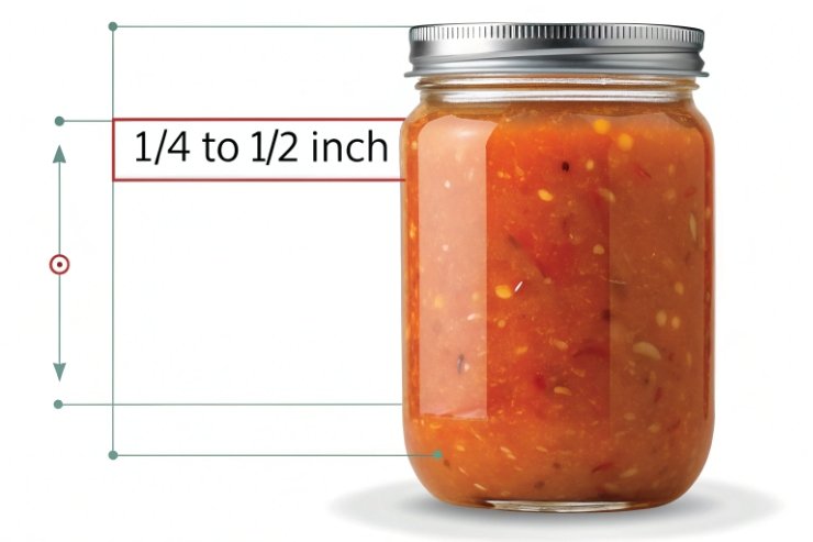 Salsa in a glass mason jar showing 1/4 to 1/2 inch headspace