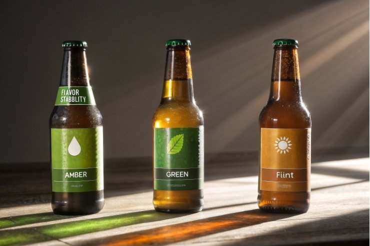 Amber, green and flint beer bottles comparing light protection and flavor stability