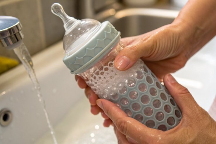 Hands washing baby bottle with silicone sleeve under running water in sink