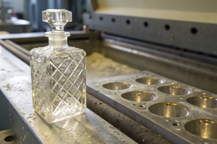 Diamond-cut glass decanter beside stainless mold tooling in factory production area.