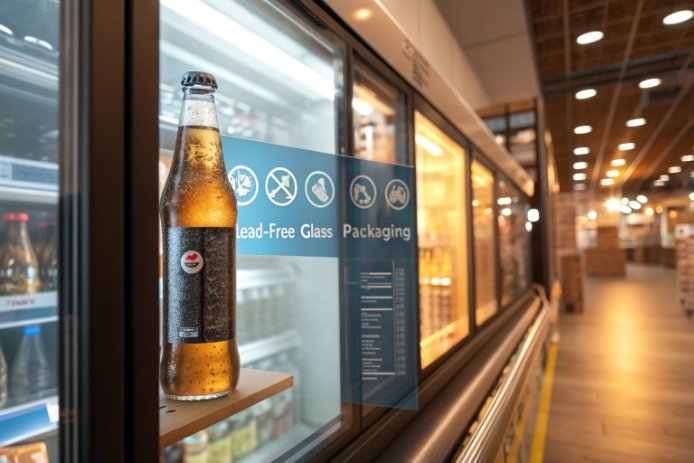 Beer bottle on production line with lead-free glass packaging label on screen