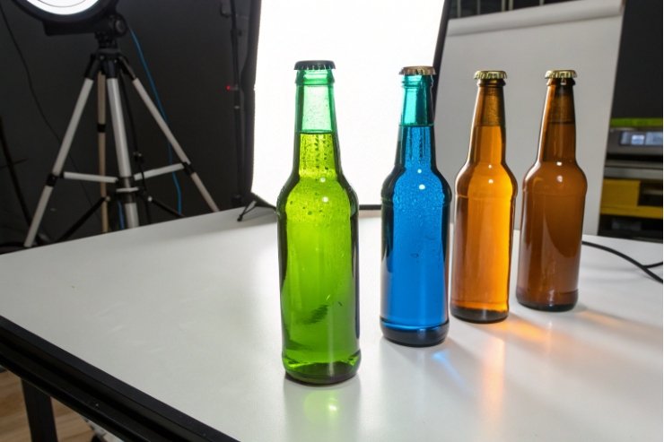 Colored glass bottles photographed in studio setup for packaging design and branding tests.
