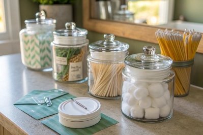 Clear glass apothecary jars with lids storing cotton balls, swabs, and toothpicks