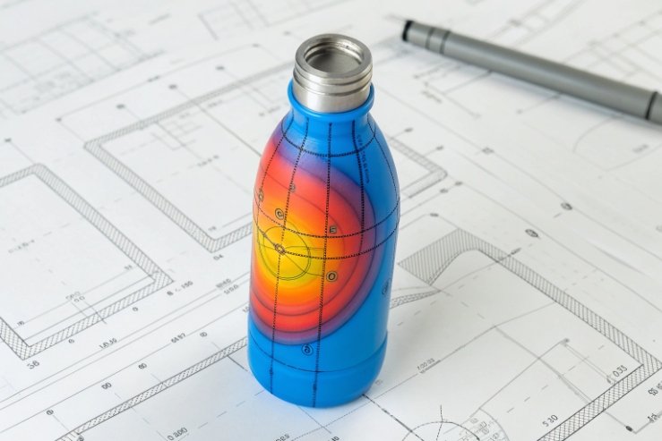 Thermal stress heatmap on glass bottle prototype over engineering blueprint for design optimization