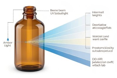 Amber glass bottle illustrating UV light blocking and photodegradation protection concept
