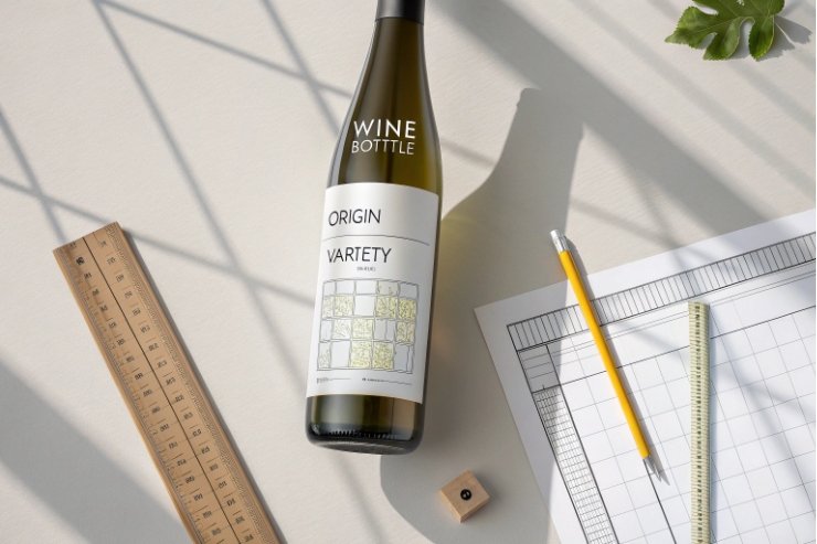 Wine bottle label mockup on desk with ruler, pencil and packaging blueprint