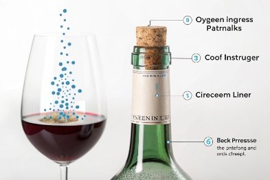 Diagram showing oxygen ingress around corked wine bottle next to red wine glass