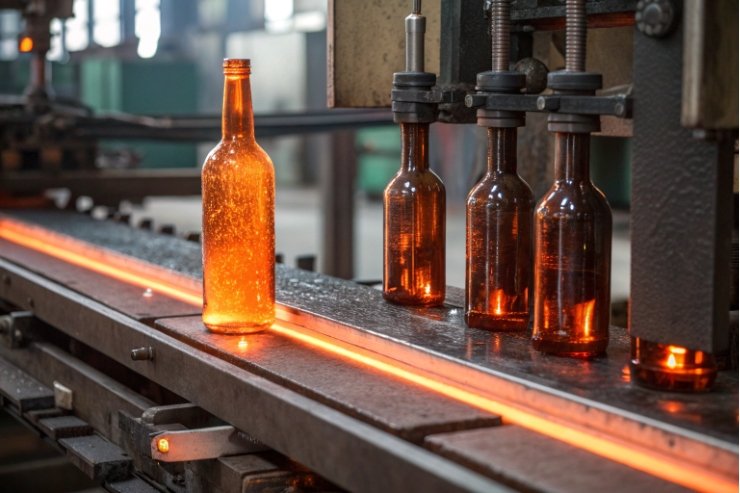 Amber glass bottles on conveyor during hot-end forming and inspection at glassworks.