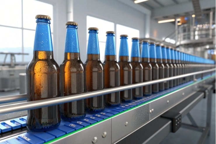 Capped beer bottles on conveyor line inside modern brewery bottling facility