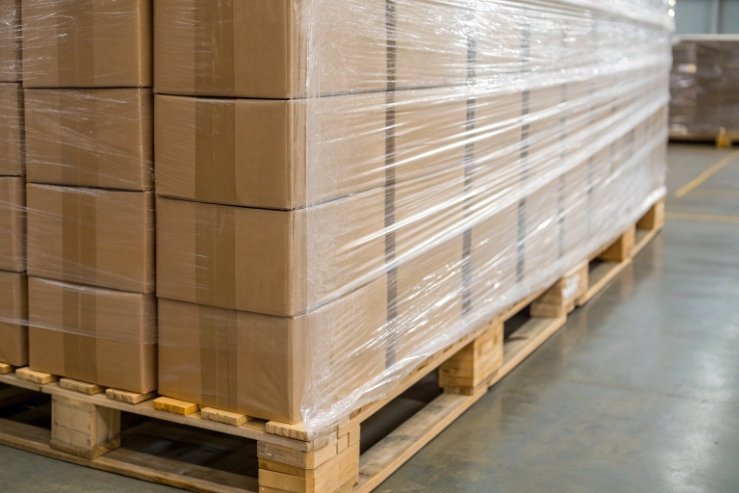Shrink-wrapped cartons stacked on wooden pallet for export shipping protection