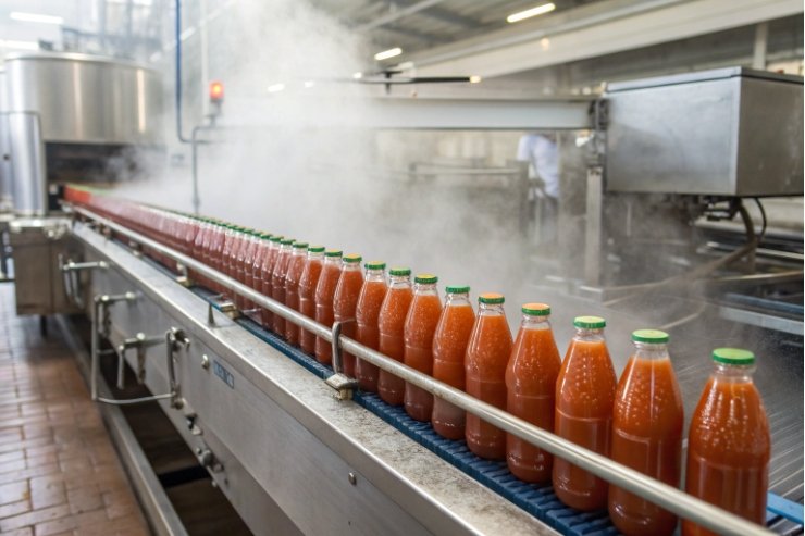 Hot filling production line of sealed glass tomato sauce bottles with steam