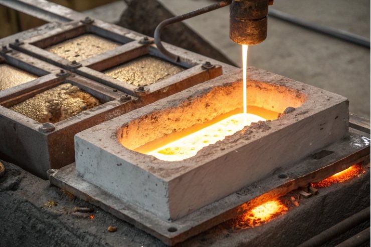 Molten glass stream poured into mold cavity for bottle production process