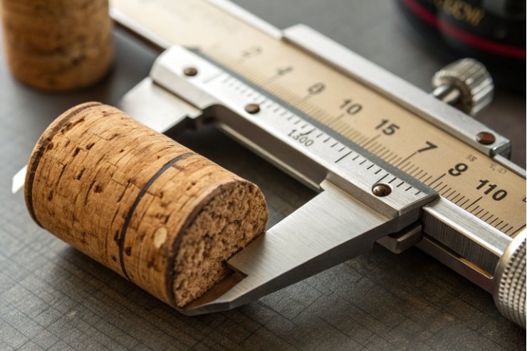 Natural cork measured with caliper for precise wine bottle closure sizing