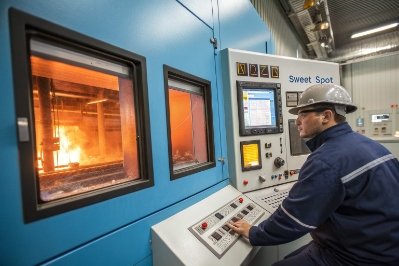 Technician operating glass furnace control panel through observation windows in hot zone area