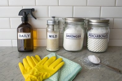 Cleaning supplies with labeled jars for daily, mild, stronger, and percarbonate cleaners