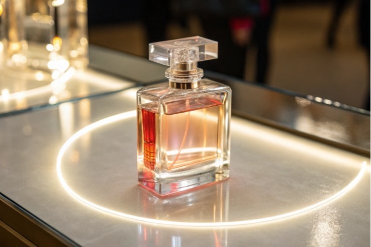 Square perfume bottle on illuminated display table with reflective halo light.