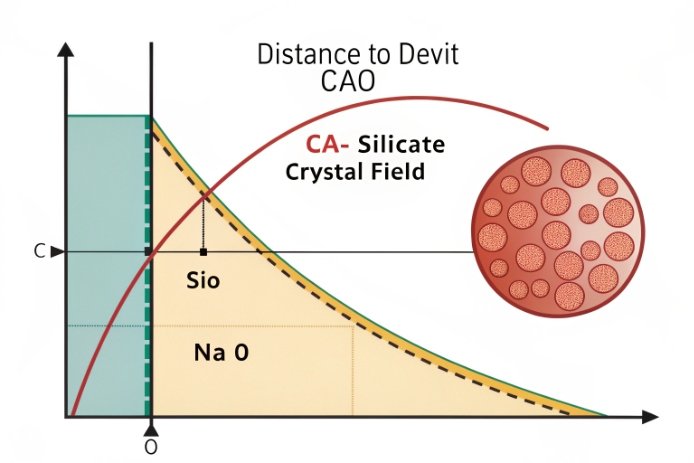CaO devitrification chart showing calcium-silicate crystal field versus composition distance.