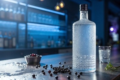 Frosted clear glass liquor bottle with condensation on bar table, garnish and glass nearby