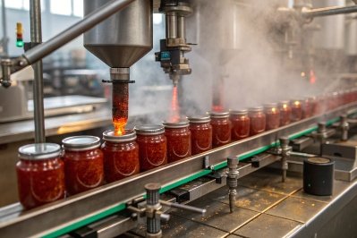 Jam jars on conveyor during hot filling and sealing process in food factory line