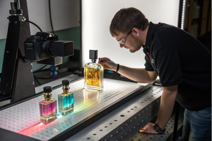 Technician photographs and inspects perfume bottles under studio lighting for packaging review.
