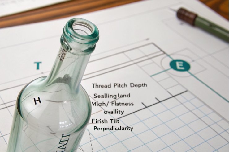 Bottle neck finish measurement diagram showing thread pitch, sealing land, and perpendicularity specs.