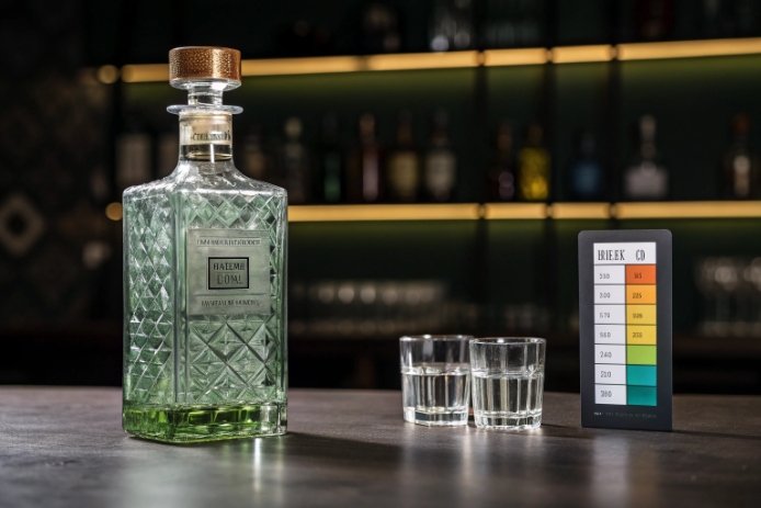 Textured spirits glass bottle with cork and two shot glasses on bar