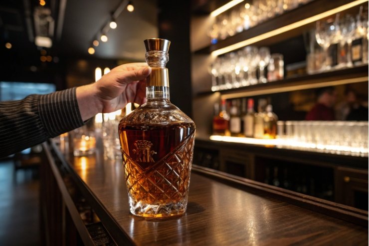 Hand holding cut-glass spirits decanter bottle on bar counter with warm lighting