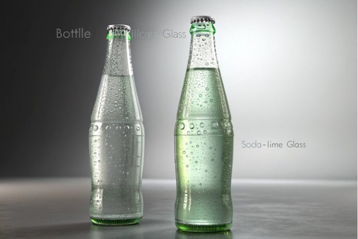Borosilicate and soda-lime glass bottles with condensation for material performance comparison.