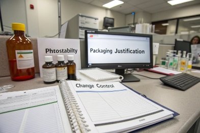 Laboratory desk showing photostability, packaging justification, and change control documentation