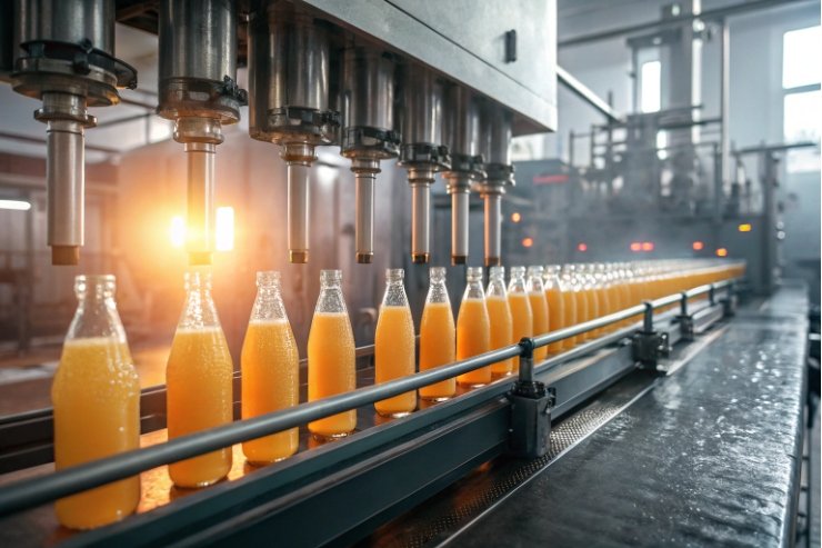 Automated filling line dispensing orange beverage into clear glass bottles in factory.