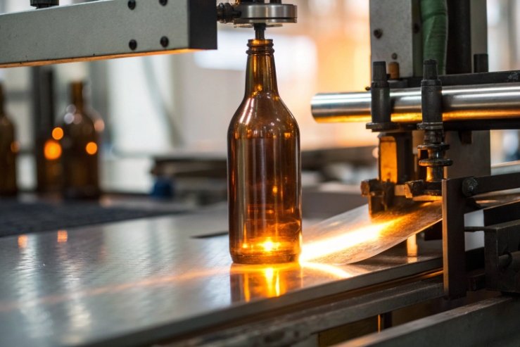 Amber glass bottle inspected on production machine with backlight