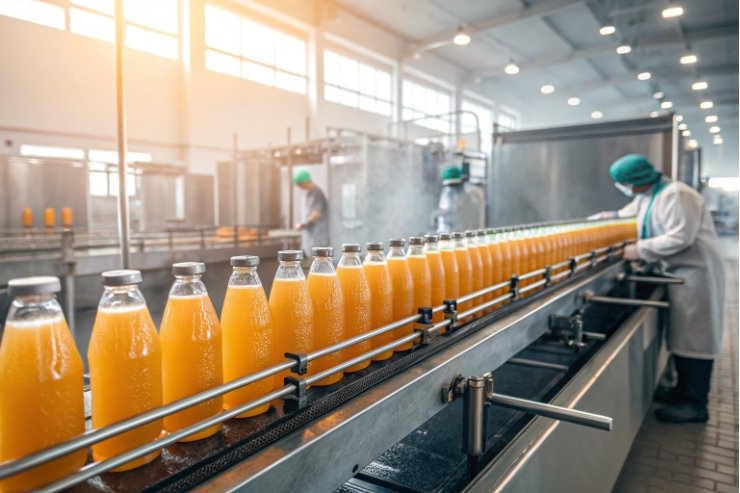 Glass beverage bottles on conveyor line during juice filling and quality inspection