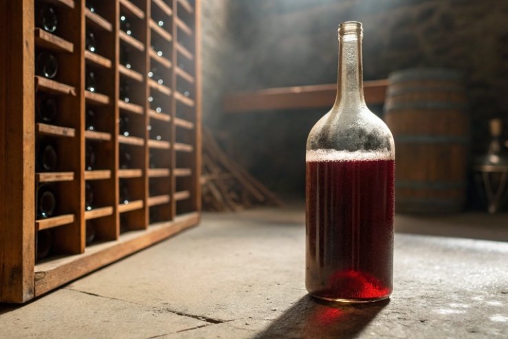 Dusty glass wine bottle with red liquid in cellar near storage racks