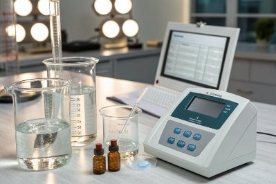 Laboratory setup with beakers, pipette, and digital meter for liquid testing and QC