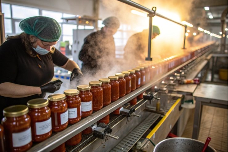 Workers filling and sealing sauce jars on hot production conveyor line