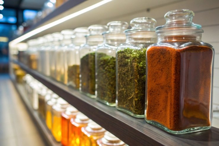 Glass apothecary spice jars with glass lids lined on display shelf