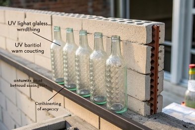 Textured clear glass bottles lined on shelf with UV barrier coating notes for protection