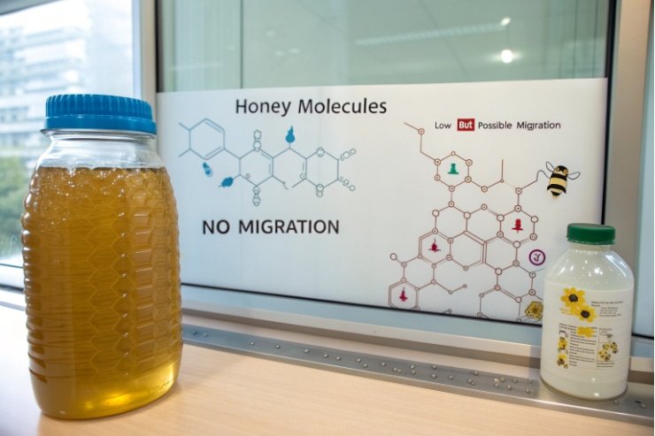 Honey samples in plastic and glass containers beside molecular no migration infographic